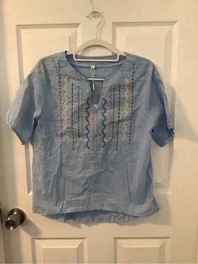 Light Blue Embroidered Cotton Blouse